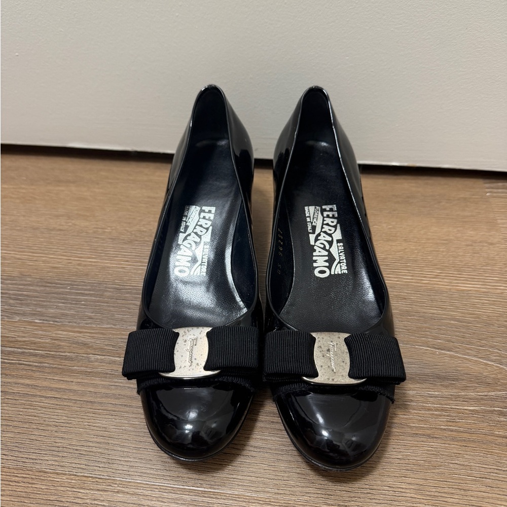Salvatore Ferragamo Black Patent Leather kitten heel
